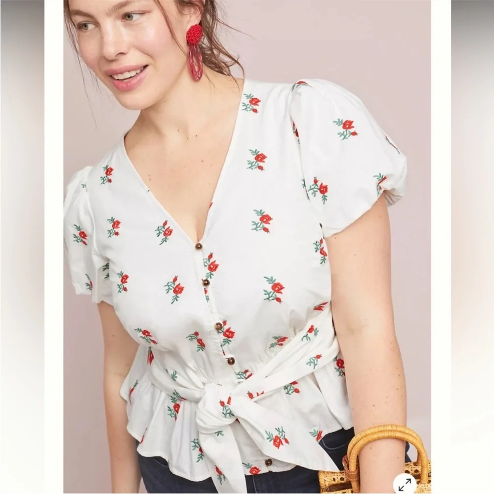 🍒 Anthropologie Maeve Peplum V-Neck Puff-Sleeve Bow Blouse Floral Print Large